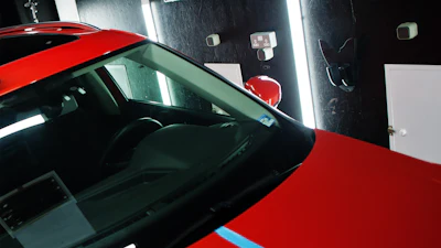 Red sports car windshield and hood in dramatic lighting