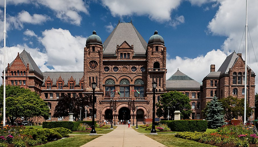 Ontario Legislative Building in Toronto, red sandstone government complex with ornate architecture