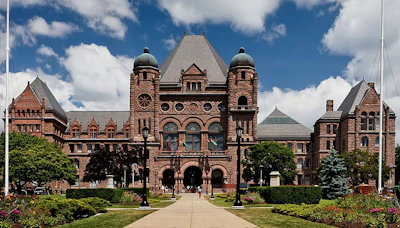 Ontario Legislative Building in Toronto, red sandstone government complex with ornate architecture