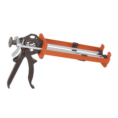 Orange and gray professional caulking gun with metal trigger mechanism