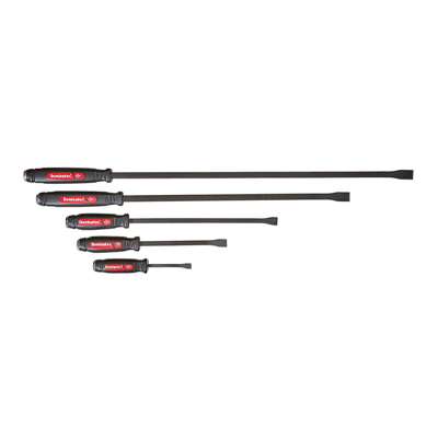 Four professional pry bars in different lengths with black shafts and red handles