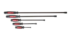 Four professional pry bars in different lengths with black shafts and red handles