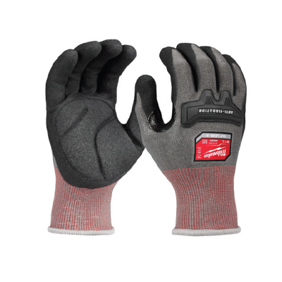 Milwaukee protective work gloves with gray, black, and red design