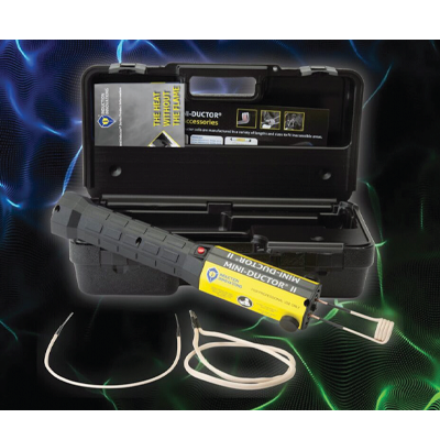 Rugged electronic measurement device with yellow sensor and black carrying case