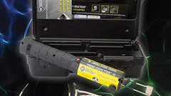 Rugged electronic measurement device with yellow sensor and black carrying case