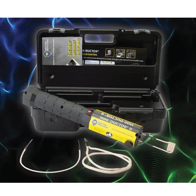 Rugged electronic measurement device with yellow sensor and black carrying case