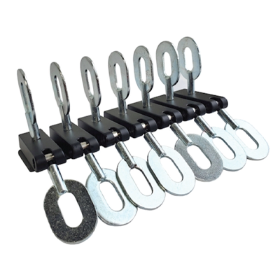 Adjustable metal clamps or clips arranged in a row on a mounting bar