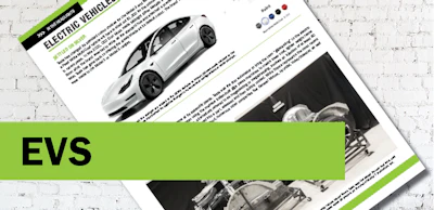 Electric vehicle brochure with white car and technical documentation on white background