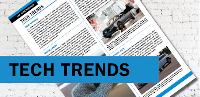 Tech Trends newsletter layout with automotive and technology article sections