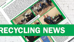 Recycling News newsletter spread with multiple photos and green design