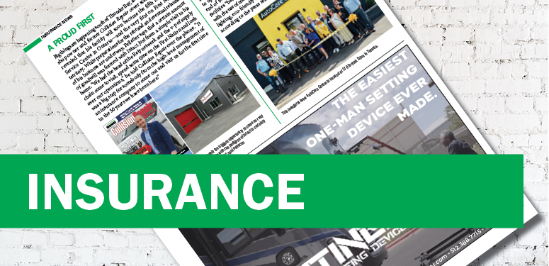 Insurance publication spread with multiple news articles and photographs