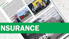 Insurance publication spread with multiple news articles and photographs