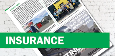 Insurance publication spread with multiple news articles and photographs