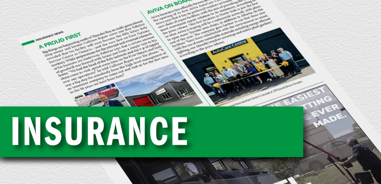 Insurance industry publication spread with green header and multiple photographs