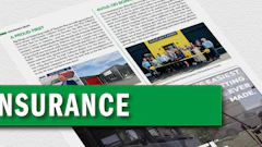 Insurance industry publication spread with green header and multiple photographs