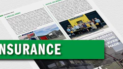Insurance industry publication spread with green header and multiple photographs