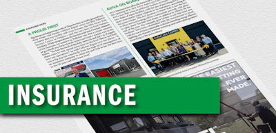 Insurance industry publication spread with green header and multiple photographs