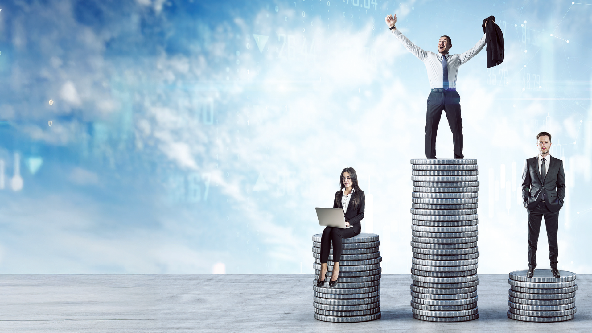 Business professionals on coin stacks symbolizing career growth and financial achievement