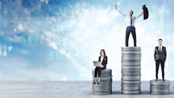 Business professionals on coin stacks symbolizing career growth and financial achievement