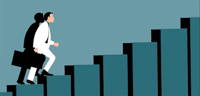 Professional climbing career ladder, silhouetted figures ascending rising graph steps