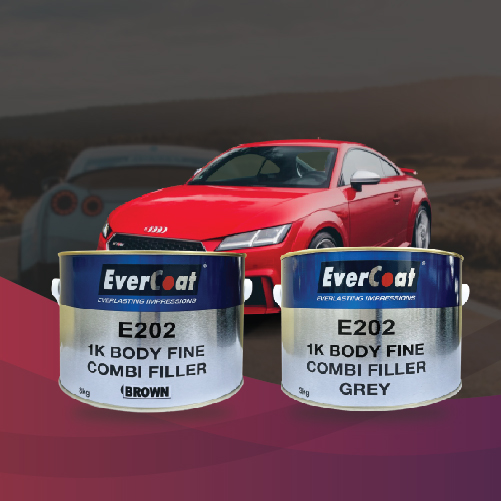 Two EverCoat 1K body filler paint cans in brown and grey with red sports car