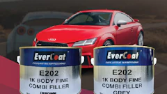 Two EverCoat 1K body filler paint cans in brown and grey with red sports car