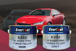 Two EverCoat 1K body filler paint cans in brown and grey with red sports car