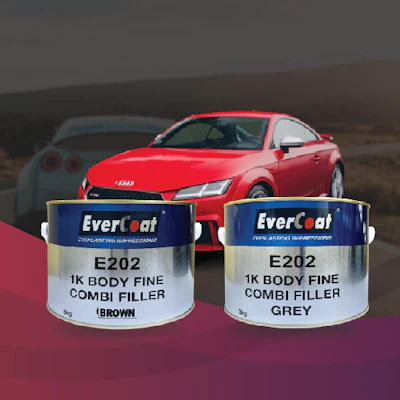 Two EverCoat 1K body filler paint cans in brown and grey with red sports car