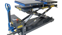 Blue and gray industrial scissor lift with hydraulic mechanism