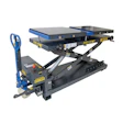 Blue and gray industrial scissor lift with hydraulic mechanism
