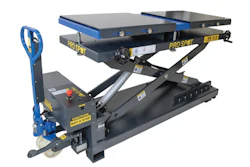 Blue and gray industrial scissor lift with hydraulic mechanism