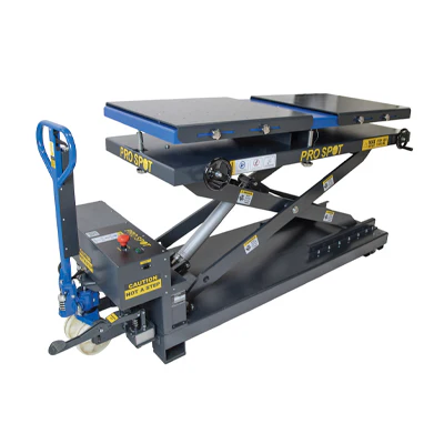 Blue and gray industrial scissor lift with hydraulic mechanism