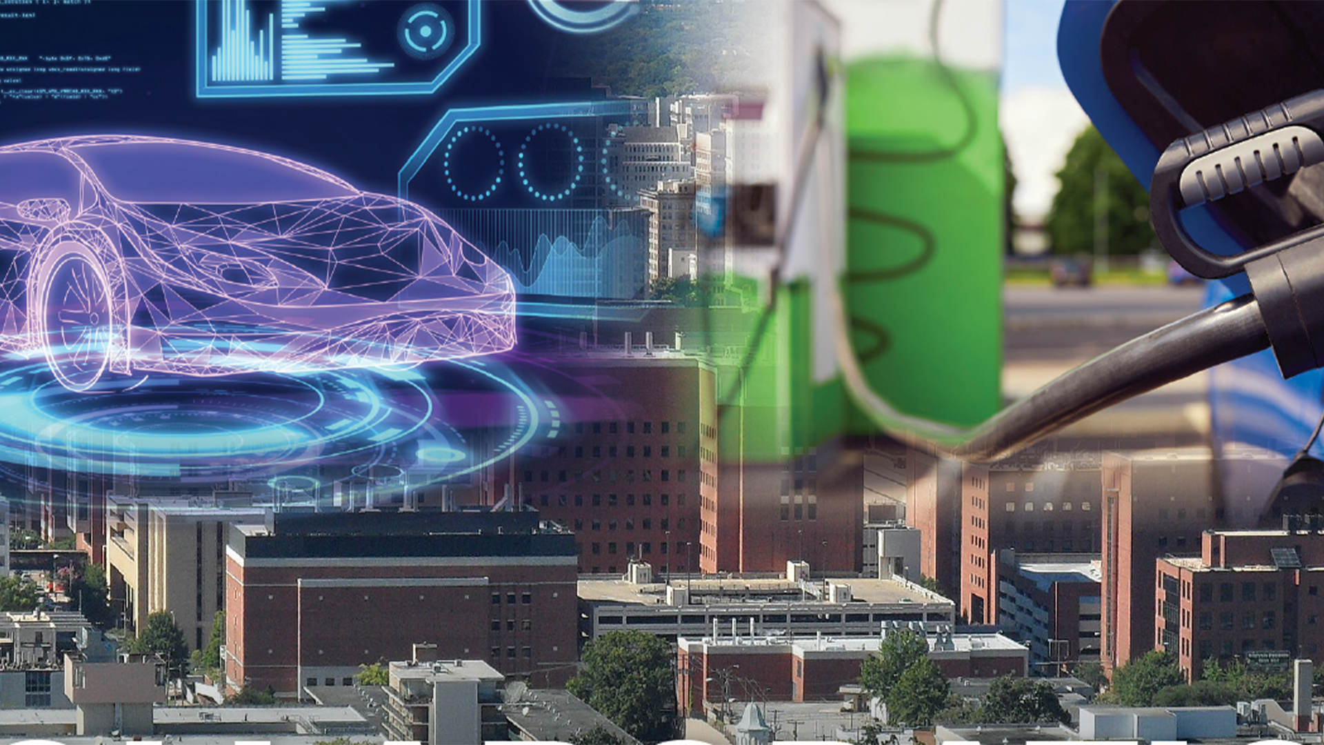 Futuristic digital visualization of electric vehicle technology over urban cityscape