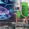 Futuristic digital visualization of electric vehicle technology over urban cityscape