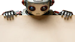Cute robot peeking over a blank surface with metallic hands