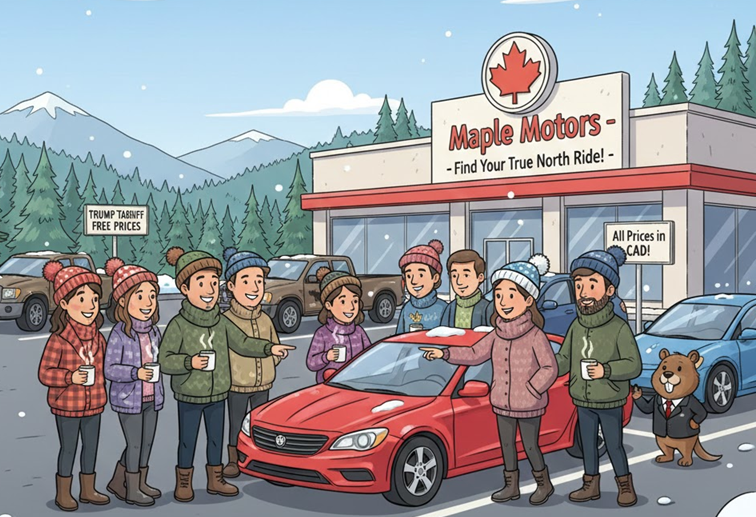 Snowy Canadian car dealership with people browsing red vehicles outside Maple Motors