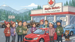 Snowy Canadian car dealership with people browsing red vehicles outside Maple Motors