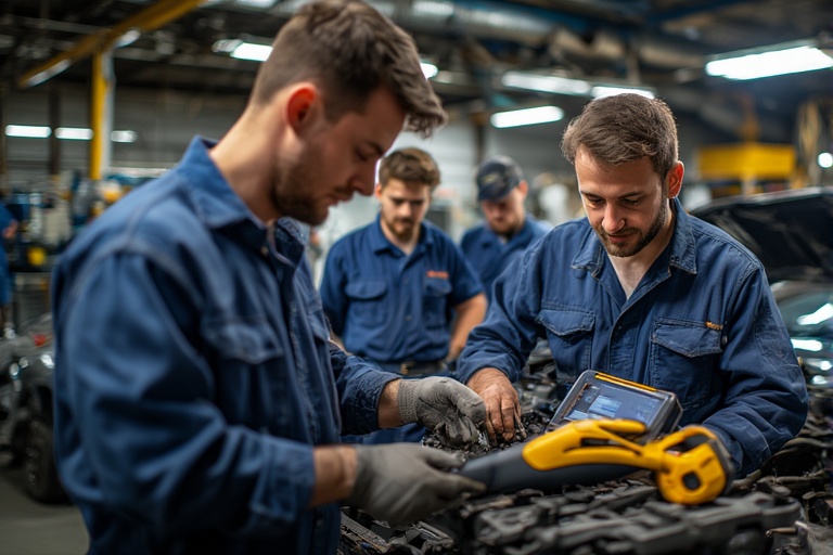 Auto mechanics working on car engine in industrial repair shop