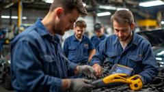 Auto mechanics working on car engine in industrial repair shop