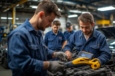 Auto mechanics working on car engine in industrial repair shop