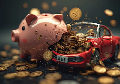 Shattered piggy bank and red car with scattered gold coins, symbolizing financial breakdown