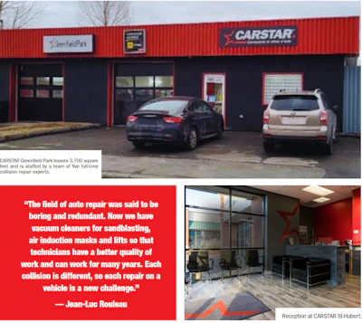 CARSTAR auto collision repair shop exterior with red and black building facade