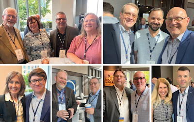 Collage of six professional group photos from a business conference or event