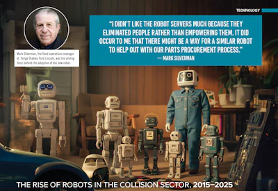 Vintage robots of different sizes lined up in workshop with technology quote