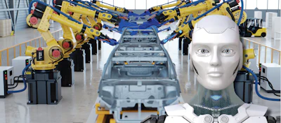Automated car assembly line with industrial robots and humanoid AI robot