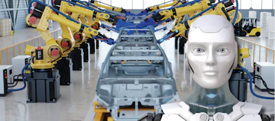 Automated car assembly line with industrial robots and humanoid AI robot