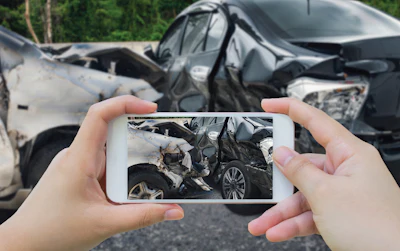 Hands holding smartphone photographing damaged car after serious collision