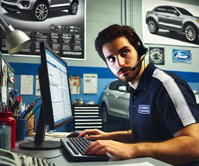 Car service representative wearing headset working at computer in automotive service center