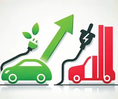 Green and red electric cars with upward arrow showing growth of sustainable transportation