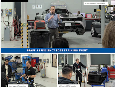 Pfaff's Efficiency Edge Training Event in automotive workshop with speakers and vehicles
